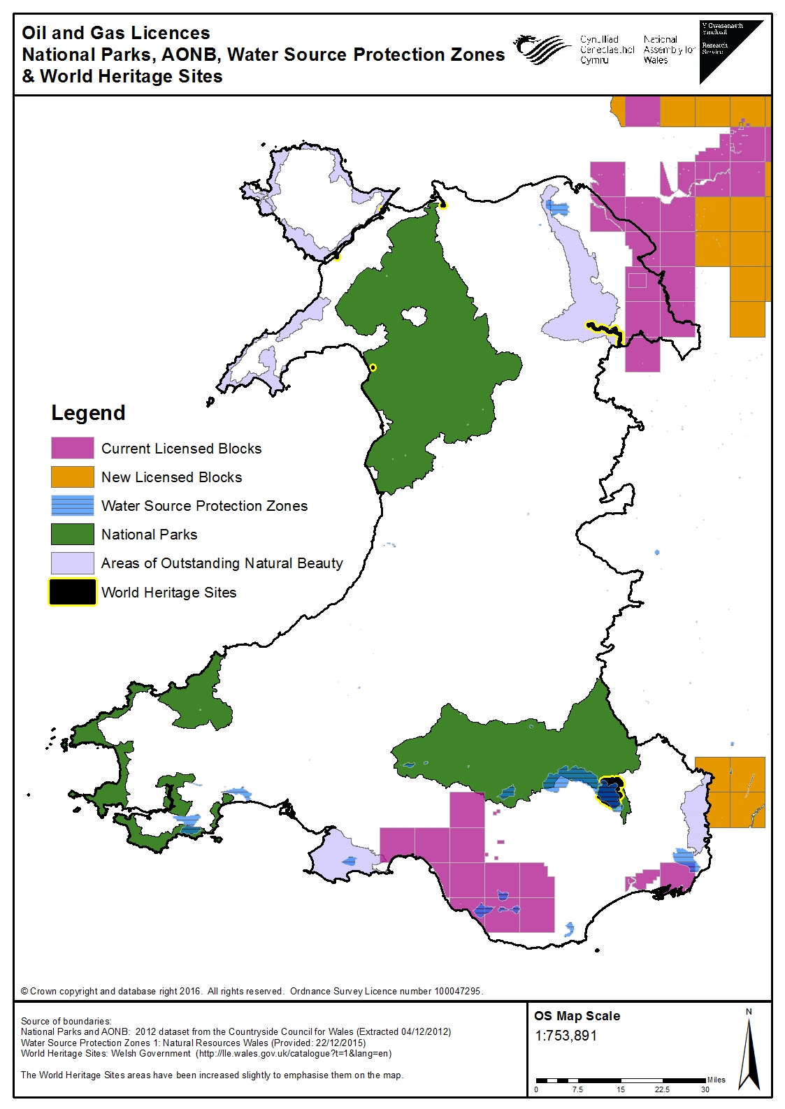 Map of Oil and Gas licensed areas and ‘protected areas’ in Wales