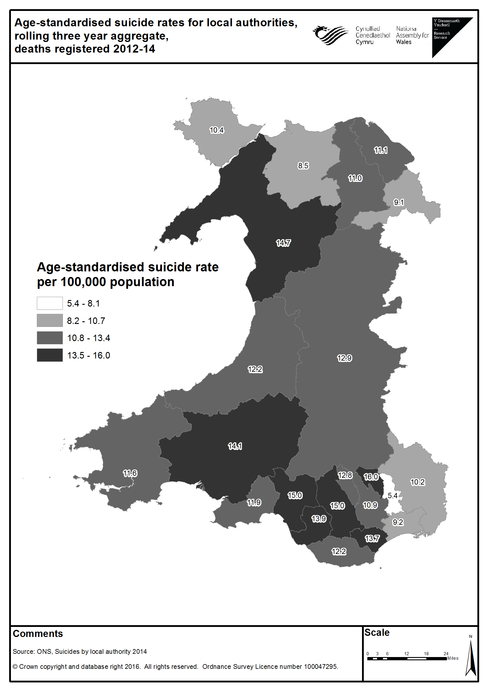Map 1 Suicide rates in Wales