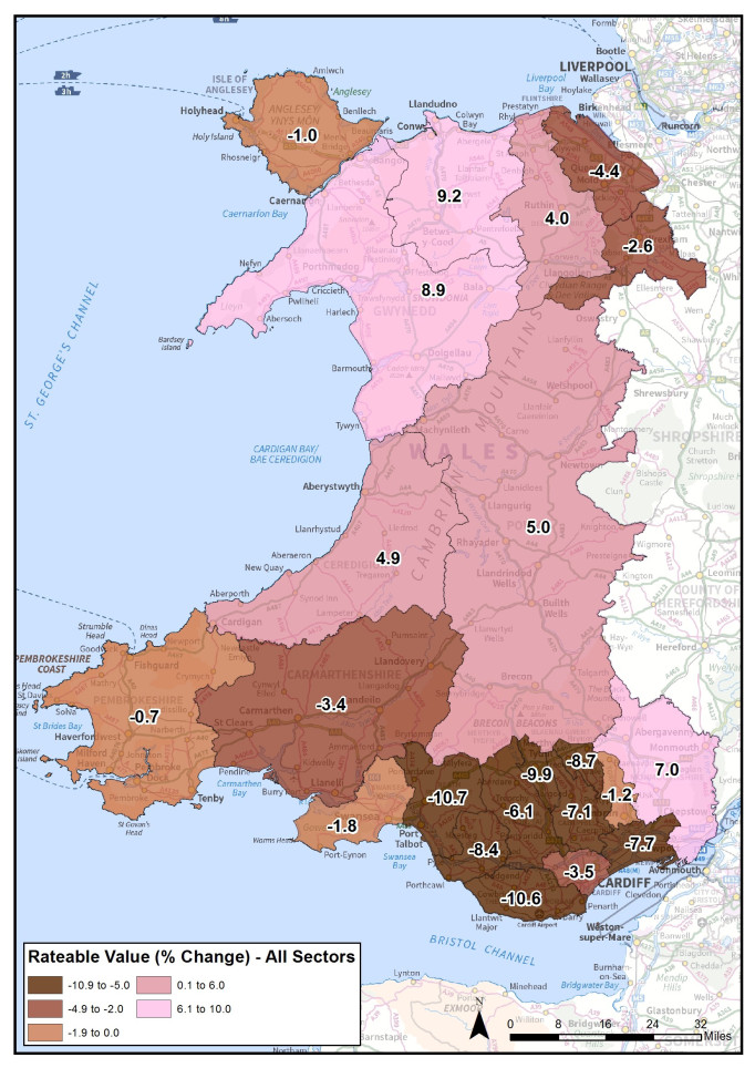 Map showing changes in rateable value of businesses in each local authority