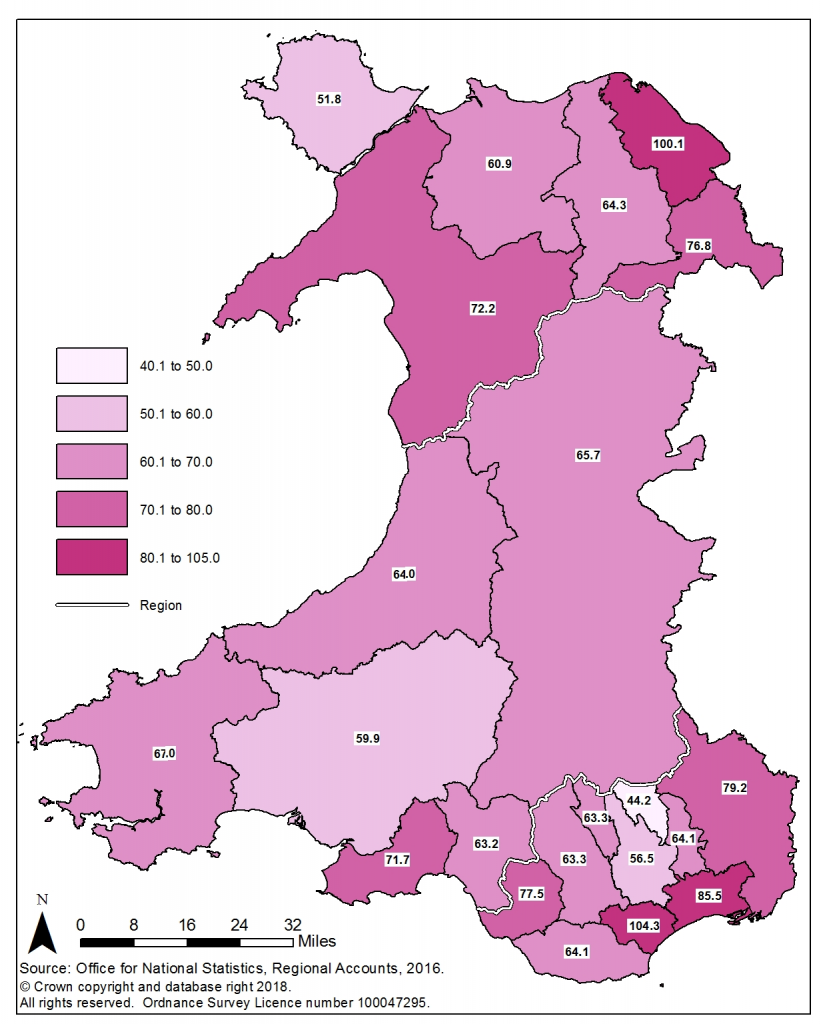 Map showing Gross Value Added per head in Welsh local authorities in 2016